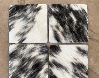 Cowboy Coasters, Salt and Pepper Cowhide Coaster, Western Decor,  Hair on Hide , Leather Coasters, Genuine Cowhide