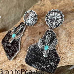 Cowhide Cactus Earrings, Western Jewelry, Silver Earrings