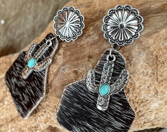 Cowhide Cactus Earrings, Western Jewelry, Silver Earrings