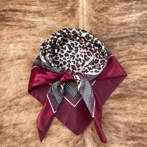 Wild Rag Maroon and Cheetah, Western Scarf - 35&quot;x 35&quot;, Cowboy Wild Rag, Western Scarves