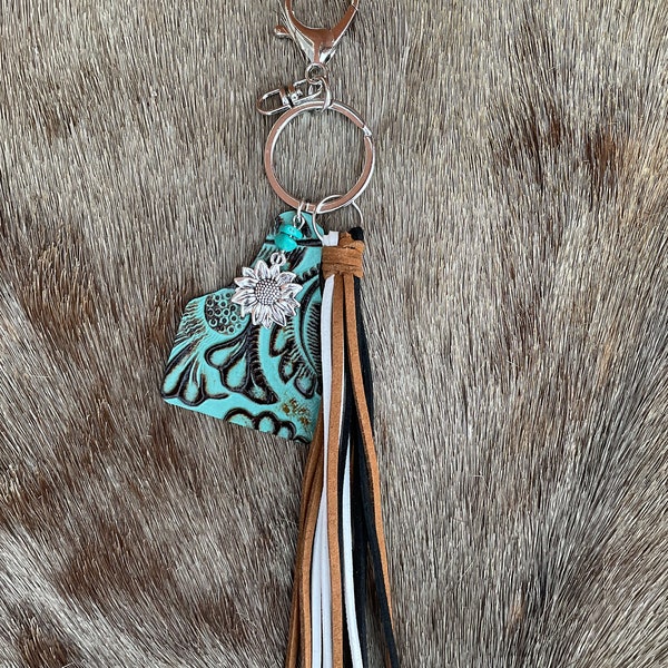 Turquoise Cow Tag Key Chain - Embossed Leather Key Chain -Western Tassel Leather Key Chain