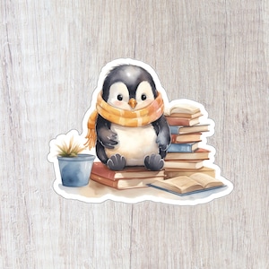 Penguin with Books Sticker | Winter Book Lover Sticker | Penguin Reading Sticker | Bookish Sticker | Reading Sticker | Book Lover Sticker