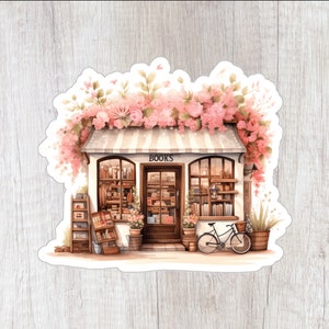 Cute Bookstore with Blooming Flowers Sticker | Bookstore Sticker Watercolor Style | Bookstore Sticker | Bookish Sticker | Reading Sticker