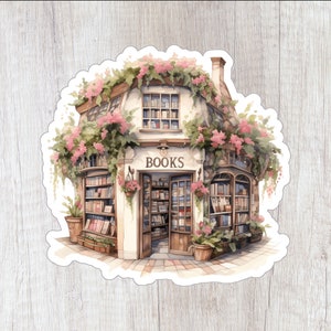Cottage Bookstore with Blooming Flowers Sticker | Bookstore Sticker Watercolor Style | Bookstore Sticker | Bookish Sticker | Reading Sticker