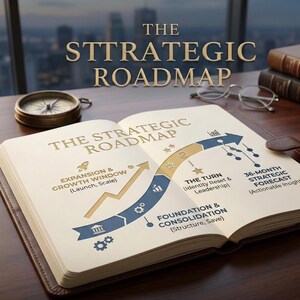 May include: An open book with the title "THE STRATEGIC ROADMAP" in gold lettering. The book's pages display a business strategy diagram with arrows, icons, and text. A compass, glasses, and books are in the background.
