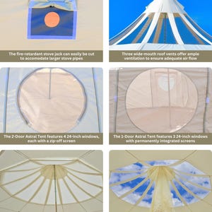 Op de afbeelding: Een beige Astral-tent met meerdere functies. Het heeft een vuurvertragende kacheluitlaat, brede dakopeningen en ramen met afritsbare schermen. De kit bevat een intrekbare zonnescherm en een waterdicht dakraam.