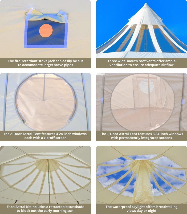 Op de afbeelding: Een beige Astral-tent met meerdere functies. Het heeft een vuurvertragende kacheluitlaat, brede dakopeningen en ramen met afritsbare schermen. De kit bevat een intrekbare zonnescherm en een waterdicht dakraam.