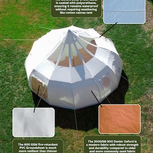 Op de afbeelding: Witte en beige Astral tent met een uniek geometrisch ontwerp, geplaatst op groen gras. De tent heeft een met polyurethaan gecoate Oxford-body, een brandvertragende PVC-grondzeil en een 300GSM 900 Denier Oxford-stof.