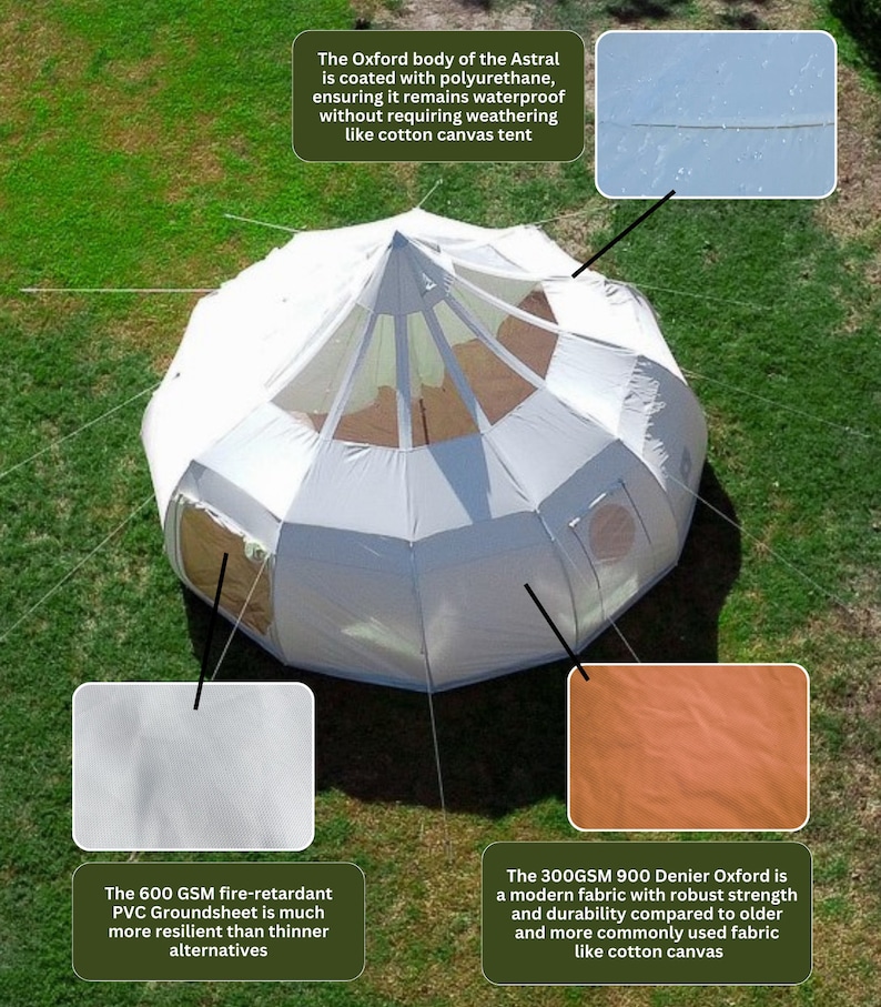 Op de afbeelding: Witte en beige Astral tent met een uniek geometrisch ontwerp, geplaatst op groen gras. De tent heeft een met polyurethaan gecoate Oxford-body, een brandvertragende PVC-grondzeil en een 300GSM 900 Denier Oxford-stof.