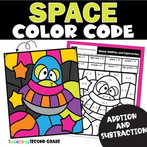 Space Color By Number Printable Math Activities for 1st 2nd 3rd Grade Addition Subtraction Worksheet Bundle Outer Space Theme Homeschool