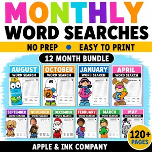 May include: A vibrant graphic promoting "MONTHLY WORD SEARCHES" with the text "NO PREP EASY TO PRINT" and "12 MONTH BUNDLE." The image showcases word search pages for each month, each with illustrations of seasonal characters and objects. The bundle includes 120+ pages.