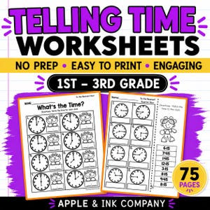 May include: Educational worksheets for 1st-3rd grade students to learn how to tell time. The worksheets include clock faces with hands, and the text "What's the Time?" and "Match the time to the clock." The image also includes the text "NO PREP EASY TO PRINT ENGAGING".