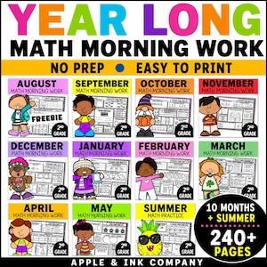 May include: A vibrant educational resource titled "Year Long Math Morning Work" with the text "No Prep" and "Easy to Print." It features monthly themed worksheets for 2nd grade, including August, September, October, November, December, January, February, March, April, May, and Summer.