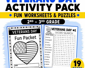 Paquete de actividades para el Día de los Veteranos / Hojas de trabajo de matemáticas y lengua y literatura para 2.º y 3.º grado / Rompecabezas