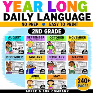 May include: A vibrant educational resource titled "Year Long Daily Language" for 2nd grade. The image showcases monthly themed worksheets with cartoon characters, including a witch for October and a reindeer for December. The product includes over 240 pages.