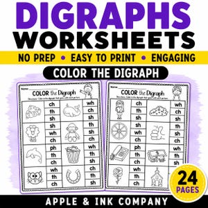 May include: Educational worksheets titled "DIGRAPHS WORKSHEETS" with the text "NO PREP EASY TO PRINT ENGAGING". The worksheets feature "COLOR THE DIGRAPH" activities with illustrations and digraph options. The image includes "24 PAGES" and the "APPLE & INK COMPANY" logo.