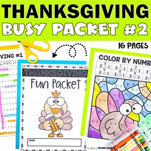 May include: A Thanksgiving-themed printable activity packet with 16 pages. The packet includes a color-by-number activity featuring a turkey, a word search, and a fun packet with a turkey illustration. The text "THANKSGIVING FUN PACKET" is visible on the page.