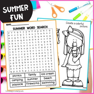 Puede incluir: Hojas de actividades con tem&aacute;tica de verano con el texto "SUMMER FUN". Una hoja es una sopa de letras, la otra es una p&aacute;gina para colorear de una ni&ntilde;a comiendo helado. Incluye palabras como "picnics", "family" e "ice cream".