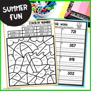Puede incluir: Dos hojas de trabajo para actividades educativas con tem&aacute;tica de verano. Una es una actividad de colorear por n&uacute;meros con un dise&ntilde;o de sombrilla de playa y olas. La otra hoja de trabajo es una actividad matem&aacute;tica. Las palabras "SUMMER FUN" est&aacute;n en un c&iacute;rculo en la parte superior izquierda.
