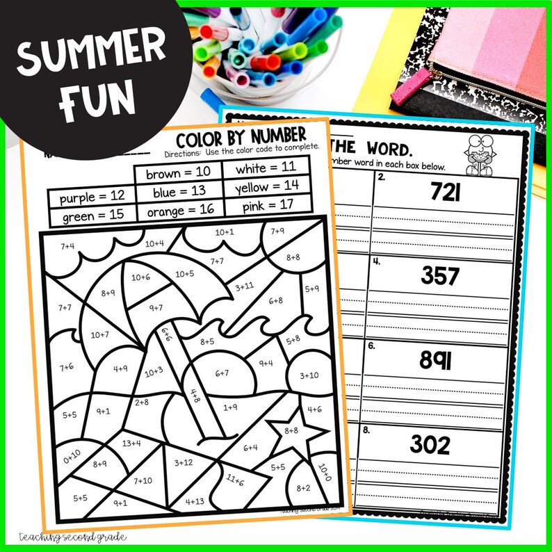Puede incluir: Dos hojas de trabajo para actividades educativas con tem&aacute;tica de verano. Una es una actividad de colorear por n&uacute;meros con un dise&ntilde;o de sombrilla de playa y olas. La otra hoja de trabajo es una actividad matem&aacute;tica. Las palabras "SUMMER FUN" est&aacute;n en un c&iacute;rculo en la parte superior izquierda.