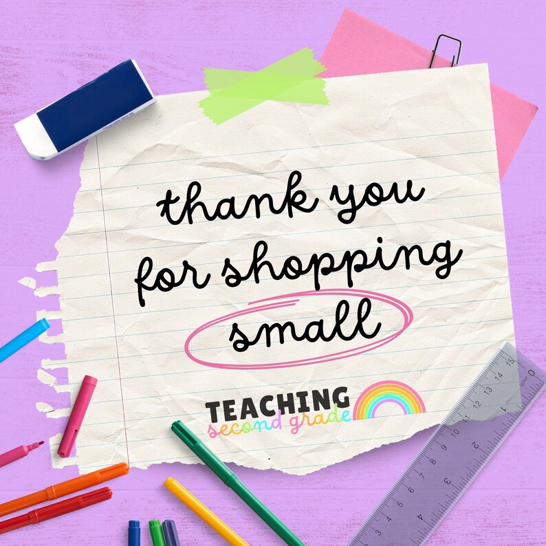 Puede incluir: Un papel arrugado con la frase "thank you for shopping small" en escritura negra, rodeada en rosa. La imagen incluye un arco&iacute;ris, una regla y marcadores coloridos sobre un fondo morado.