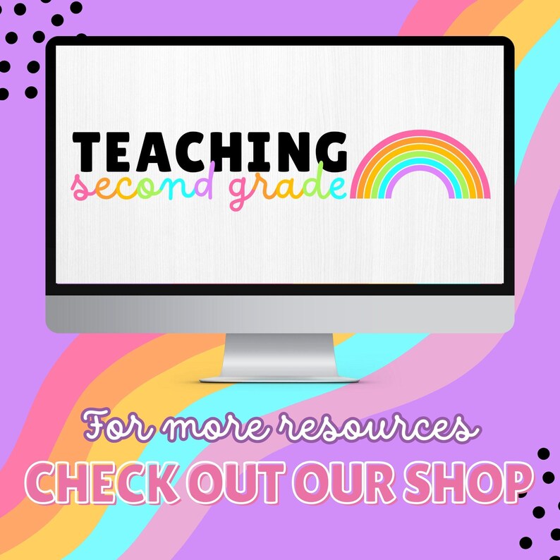 Puede incluir: Un monitor de computadora muestra el texto "TEACHING second grade" con un arco&iacute;ris. El fondo presenta rayas de arco&iacute;ris pastel y el texto "For more resources CHECK OUT OUR SHOP". El tema son recursos educativos.