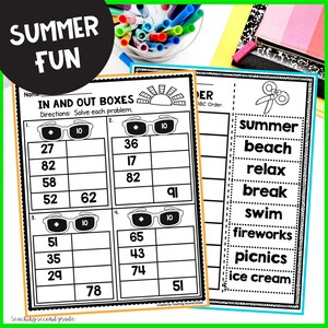 Puede incluir: Hojas de trabajo educativas con tem&aacute;tica de verano. Una hoja de trabajo presenta problemas matem&aacute;ticos de "In and Out Boxes" con iconos de gafas de sol. La otra hoja de trabajo tiene palabras relacionadas con el verano para el orden alfab&eacute;tico.