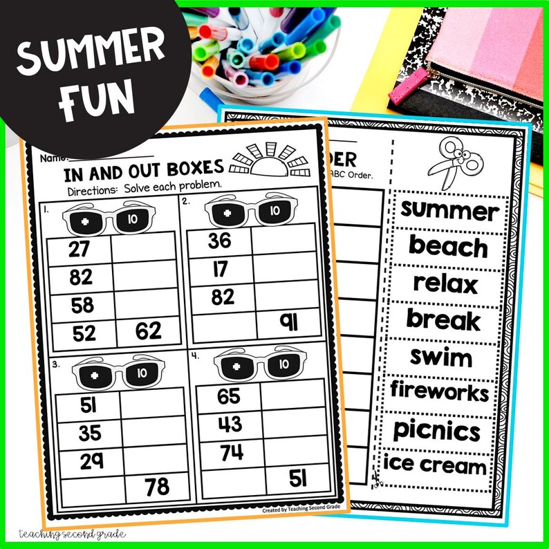 Puede incluir: Hojas de trabajo educativas con tem&aacute;tica de verano. Una hoja de trabajo presenta problemas matem&aacute;ticos de "In and Out Boxes" con iconos de gafas de sol. La otra hoja de trabajo tiene palabras relacionadas con el verano para el orden alfab&eacute;tico.