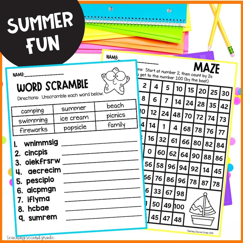 Puede incluir: Hojas de trabajo educativas con tem&aacute;tica de verano con actividades de b&uacute;squeda de palabras y laberintos. Las hojas de trabajo est&aacute;n dise&ntilde;adas para estudiantes de segundo grado y presentan bordes e ilustraciones coloridas. L&aacute;pices y cuadernos en espiral est&aacute;n en el fondo.