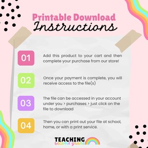Puede incluir: Un gr&aacute;fico rosa y blanco con instrucciones para descargar un archivo imprimible. El texto dice "Instrucciones de descarga imprimibles" en la parte superior. Los pasos 1-4 se enumeran con instrucciones sobre c&oacute;mo descargar e imprimir el archivo. El logotipo de Teaching Second Grade est&aacute; en la parte inferior.