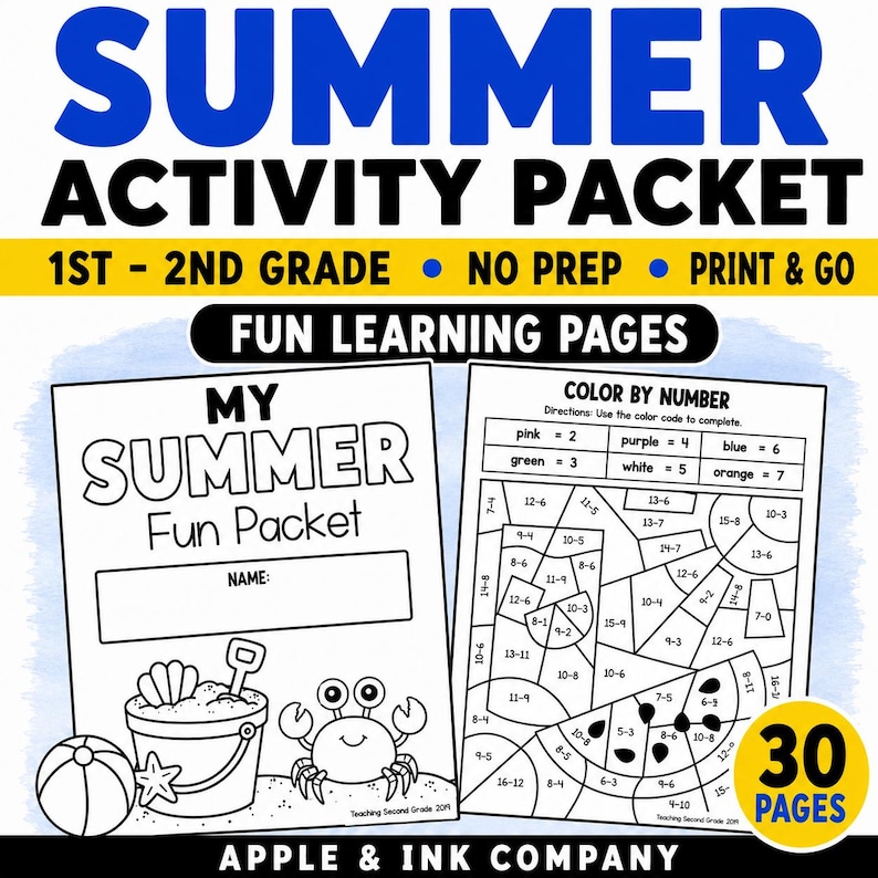 Puede incluir: Un paquete de actividades de verano para estudiantes de 1&ordm; y 2&ordm; grado. La portada presenta una escena de playa con un cubo, una pala, una pelota y un cangrejo. El paquete incluye p&aacute;ginas de aprendizaje divertidas, incluida una actividad de colorear por n&uacute;meros. El paquete tiene 30 p&aacute;ginas.