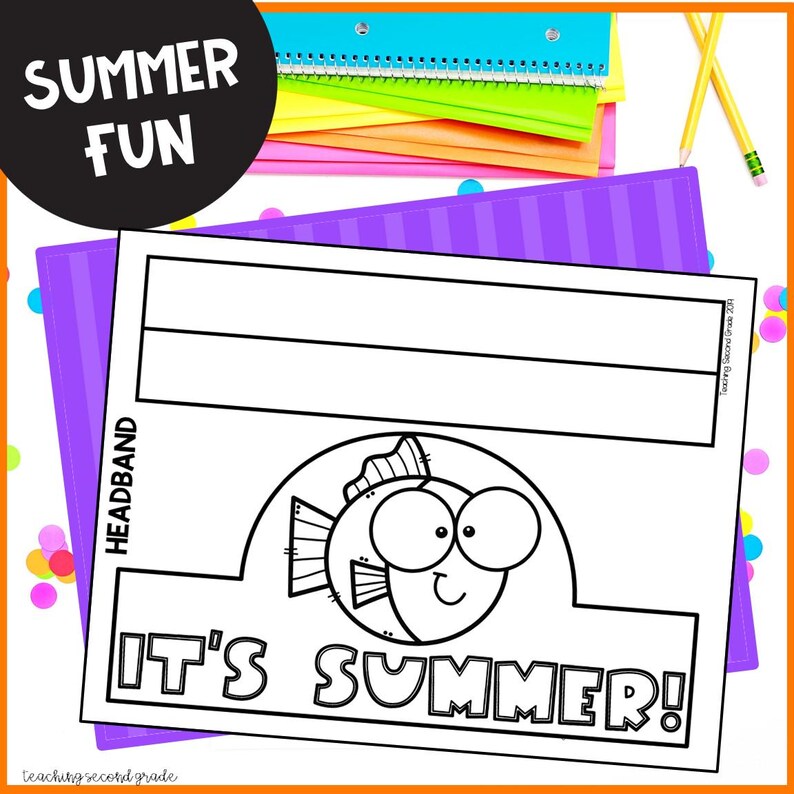 Puede incluir: Una manualidad de diadema en blanco y negro con un dise&ntilde;o de pez de dibujos animados y el texto "IT'S SUMMER!". La imagen incluye &uacute;tiles escolares coloridos y las palabras "SUMMER FUN" en un c&iacute;rculo negro.