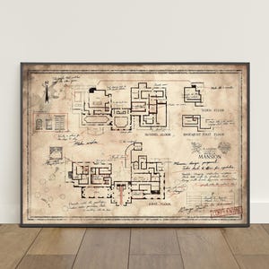 Può includere: Planimetria architettonica incorniciata di un palazzo, con planimetrie dettagliate per il primo, secondo e terzo piano e il seminterrato. Il design vintage include note manoscritte e un timbro "CONFIDENTIAL", in una cornice scura.