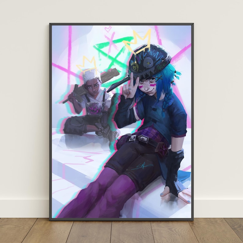 May include: A framed art print featuring two stylized figures. One figure, with blue hair and a dark hat, makes a peace sign. The other figure, in the background, holds a tool. The artwork has a vibrant color palette with pink, green, and yellow accents.