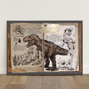Puede incluir: Impresión enmarcada con una ilustración detallada de un Tyrannosaurus Rex, con bocetos y notas manuscritas. La obra de arte tiene una estética vintage, con un marco gris oscuro. El texto incluye la palabra "REX".