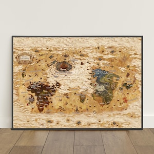 Puede incluir: Un mapa de fantasía enmarcado con una estética vintage. El mapa presenta ilustraciones detalladas de continentes, océanos y varios lugares, con etiquetas de texto. La paleta de colores incluye tonos de marrón, beige y azul, creando una apariencia de pergamino. El mapa está encerrado en un marco negro.