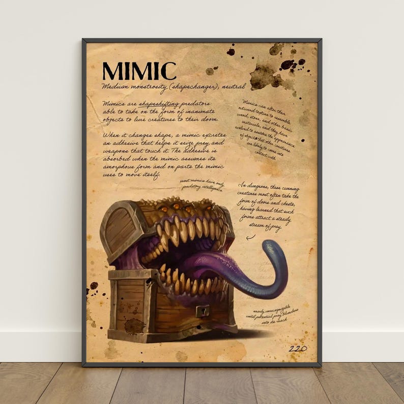 May include: Framed poster with a fantasy illustration of a Mimic, a shapeshifting monster. The Mimic is shown as a treasure chest with a large mouth and tongue. The poster includes text describing the creature and its abilities.
