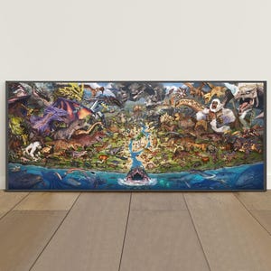 May include: A framed print featuring a detailed illustration of various dinosaurs and mythical creatures. The artwork showcases a diverse array of colorful prehistoric animals and fantastical beings, set against a landscape with water and land elements.