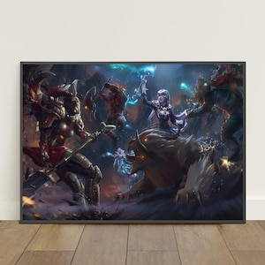 May include: A framed print depicting a fantasy battle scene. The artwork features several armored figures and creatures engaged in combat, with dynamic poses and vibrant colors. The overall theme is action and adventure.