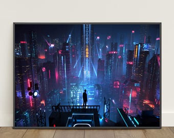 Póster de ciudad cyberpunk / Arte mural de ciudad futurista / Lienzo impreso para videojuegos n.° 4