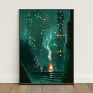 Puede incluir: Impresión artística digital enmarcada que representa un paisaje urbano de fantasía nocturno. La obra presenta estructuras altas e iluminadas, una fogata y una figura. La paleta de colores está dominada por verdes y amarillos, creando una atmósfera mística.