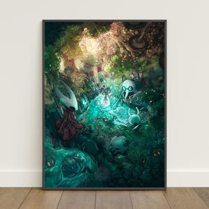Peut inclure: Une impression d'art encadrée représentant une scène de forêt fantastique avec des personnages. L'œuvre d'art présente un style illustratif détaillé avec des créatures et des éléments lumineux. La palette de couleurs est dominée par le vert, le bleu et le rouge.
