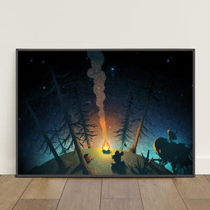 May include: A framed art print depicting a nighttime forest scene. A campfire glows brightly, with smoke rising against a dark blue sky filled with stars. Silhouetted trees and figures add depth to the illustration.