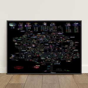 May include: A large, rectangular wall poster featuring a detailed, dark-themed map of the video game Hollow Knight. The black background displays intricate interconnected paths, various location names, and small icons, with text at the bottom reading Hollow Knight Map.