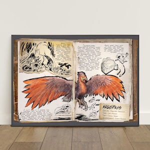 May include: A framed print depicting a detailed illustration of a large bird with outstretched wings, in shades of orange, purple, and brown. The artwork resembles a page from a vintage journal, with handwritten notes and sketches. The text "Argentavis" is visible.