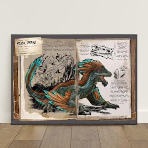 Puede incluir: Impresión enmarcada que presenta una ilustración detallada de un Rock Drake, con colores turquesa, naranja y marrón. La obra de arte se presenta en un estilo que recuerda a un diario científico, con texto manuscrito y bocetos.