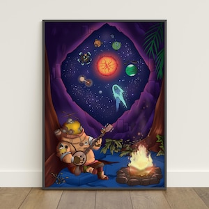 May include: A framed art print featuring a diver in a vintage suit playing a banjo by a campfire. The background shows a starry night sky with planets and a glowing sun. The artwork has a whimsical, cartoonish style.
