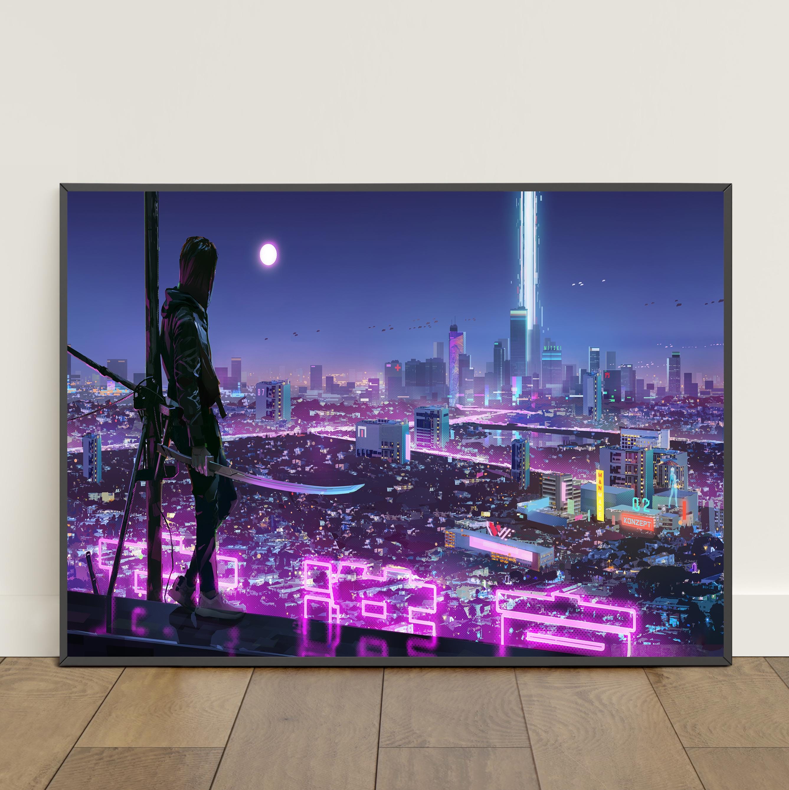 Cyberpunk City Poster | Futuristic City Wall Art | Game Canvas Print #2 ...