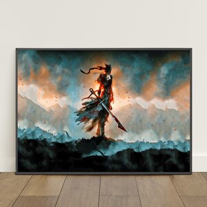 May include: A framed art print depicting a warrior figure standing on a rocky outcrop, silhouetted against a dramatic sky. The artwork features a color palette of blues, oranges, and blacks, with a focus on the warrior's sword and flowing garments.
