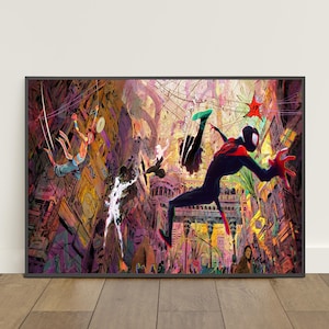 Pu&ograve; includere: Stampa artistica incorniciata con una scena di fumetti dinamica con pi&ugrave; figure in azione. L'opera d'arte presenta colori vivaci e uno sfondo di paesaggio urbano, con figure in costume da supereroe. La stampa &egrave; esposta su un pavimento in legno.